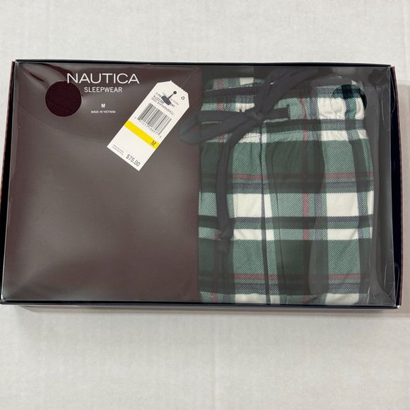 Nautica NWB Sz M Men's PJ Set Maroon/Green Multi Crew Neck Cozy Pants - Picture 3 of 12